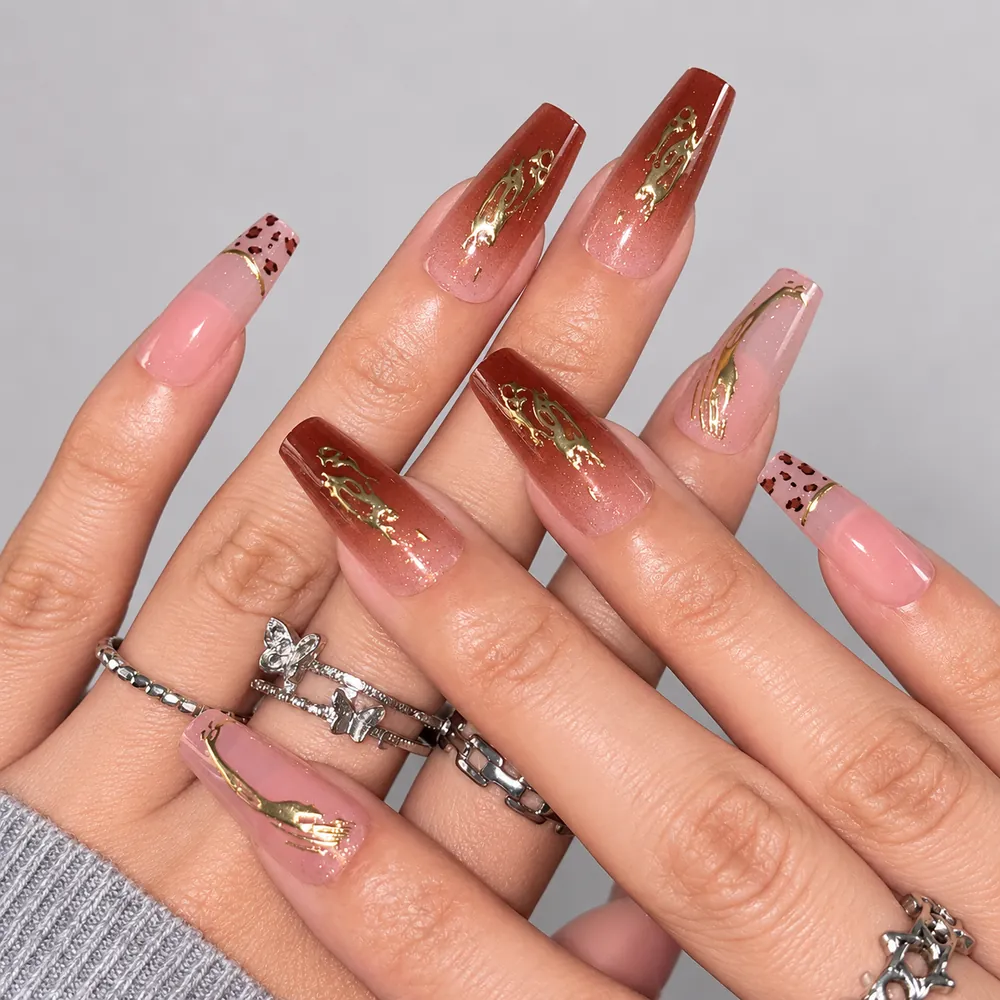 Gold Foil Leopard Ombré Medium Square Press-On Nails