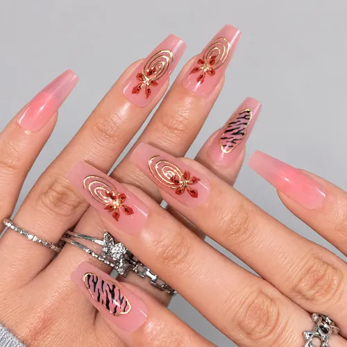 Leopard and Flower Gold Foil Ombré Medium Square Press-On Nails