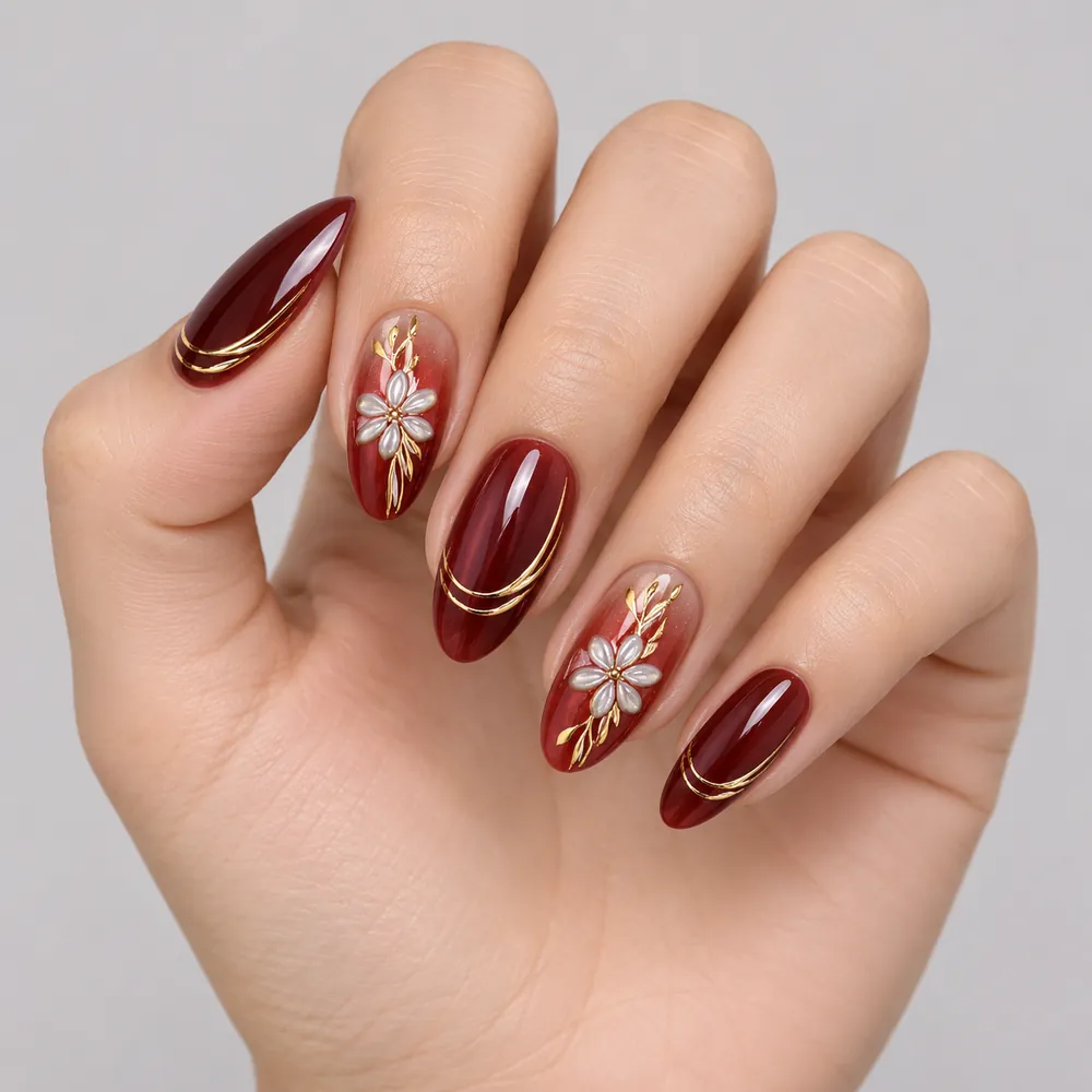 3D Red Flower Gold Foil Cat Eye Almond Press-On Nails