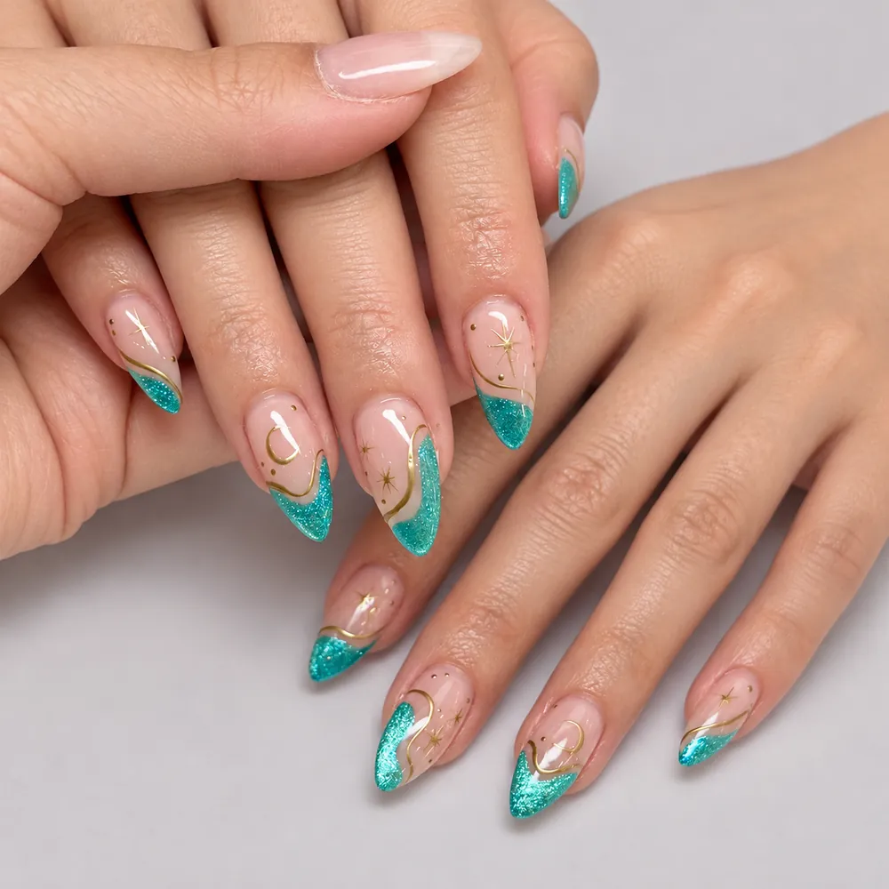 Ocean Star and Moon Gold Foil Cat Eye Almond Press-On Nails