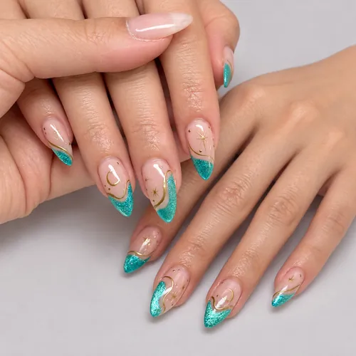 Ocean Star and Moon Gold Foil Cat Eye Almond Press-On Nails