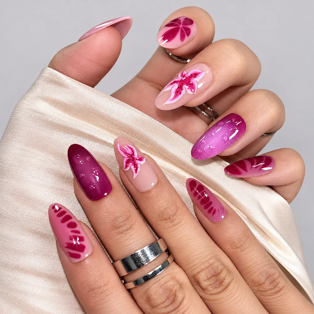 Magenta Starfish 3D Gel Cat Eye Short Almond Press-On Nails