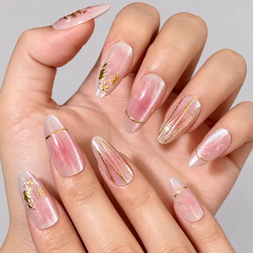 Blush Aura Cat Eye Gold Foil Almond Press-On Nails