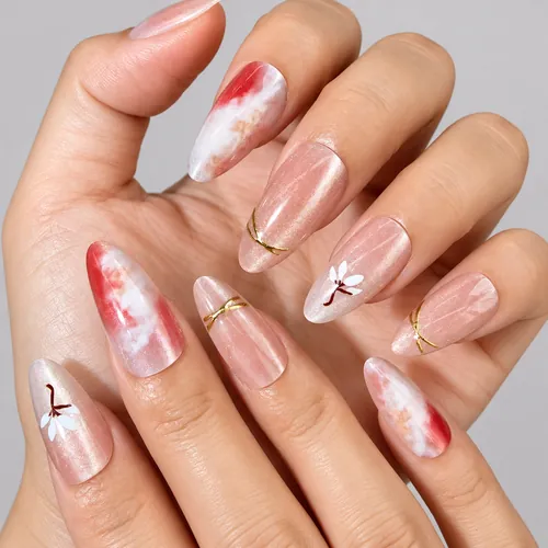 Blush Aura Ombré Gold Foil Almond Press-On Nails