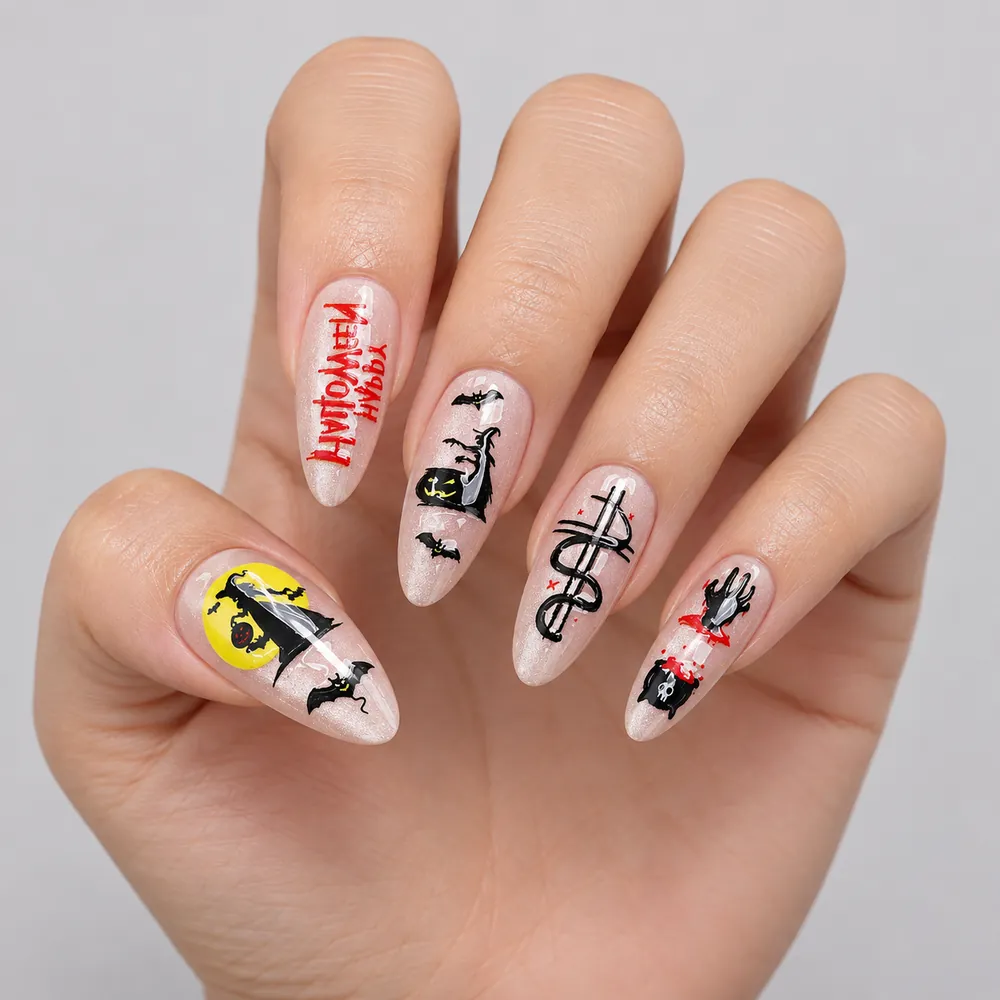 Pumpkin, Ghost and Bat Halloween Cat Eye Press-On Nails