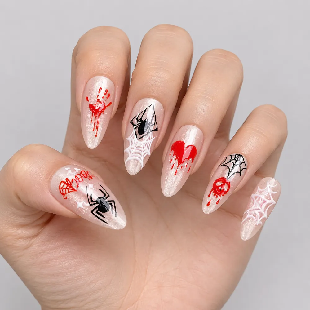 Heart and Spider Halloween Cat Eye Almond Press-On Nails
