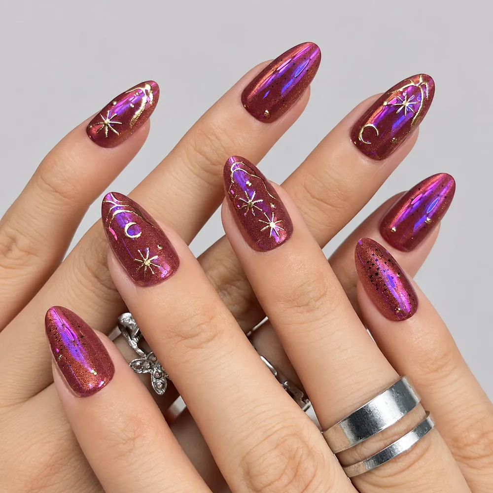 Dark Chrome Star and Moon Polarized Cat Eye Short Almond Press-On Nails