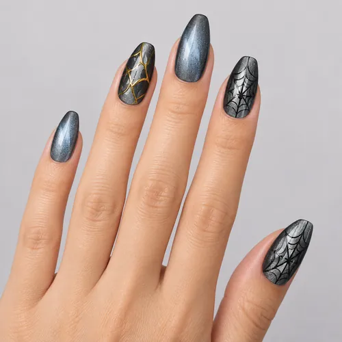 Edgy Gold Foil Cat Eye Halloween Almond Press-On Nails