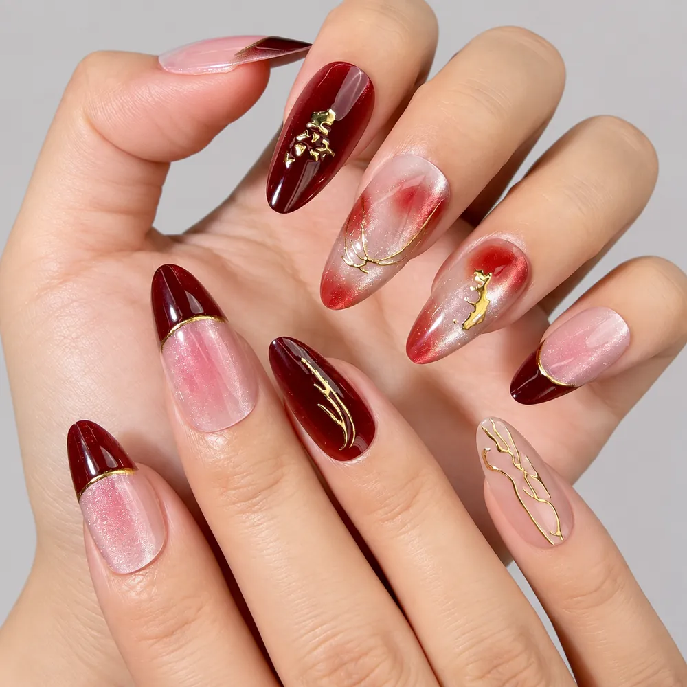 Flower Gold Foil French Almond Press-On Nails