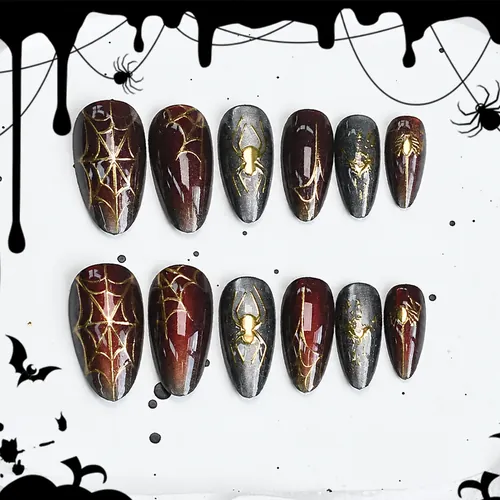Dark Red Ombré Spider Web Gold Foil Halloween Press-On Nails photo 2