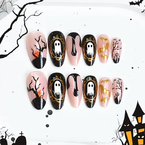 Cute Ghost and Spider Web Gold Foil Halloween Press-On Nails photo 2