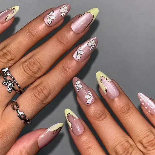 Butterfly Flower White Gold Foil French Almond Press-On Nails photo 4