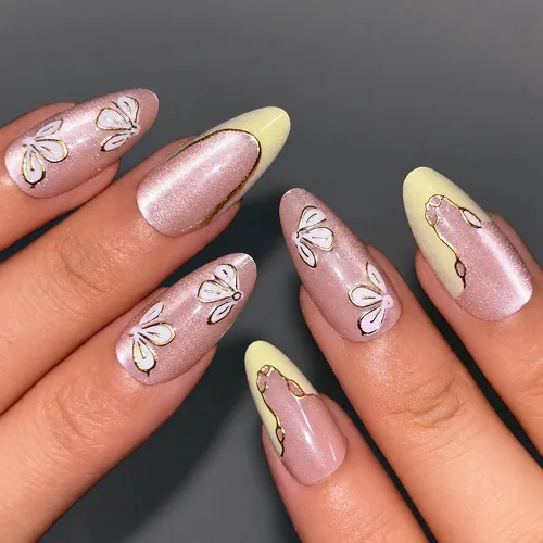 Butterfly Flower White Gold Foil French Almond Press-On Nails photo 5