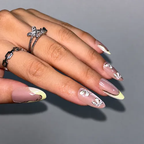 Butterfly Flower White Gold Foil French Almond Press-On Nails photo 6