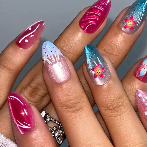 3D Gel Flower Blush Cat Eye Short Almond Press-On Nails photo 3