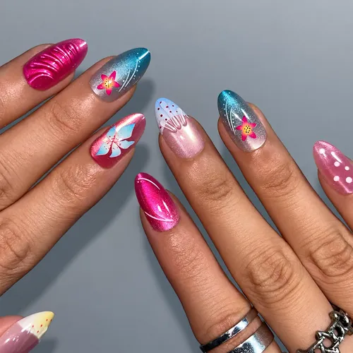 3D Gel Flower Blush Cat Eye Short Almond Press-On Nails photo 4
