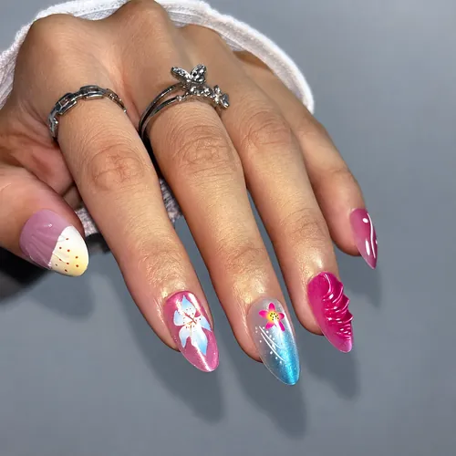 3D Gel Flower Blush Cat Eye Short Almond Press-On Nails photo 5