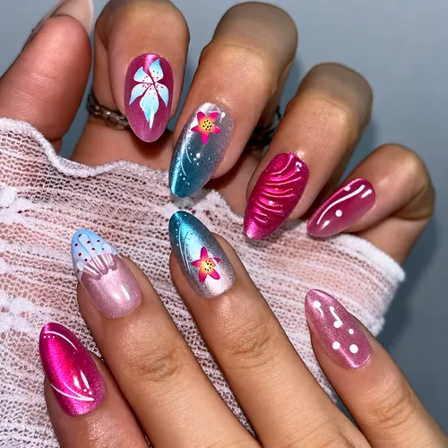3D Gel Flower Blush Cat Eye Short Almond Press-On Nails photo 6