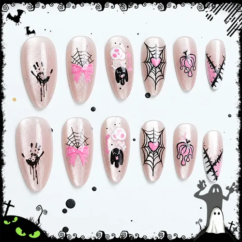 Pink Bow and Spider Web Halloween Cat Eye Press-On Nails photo 2