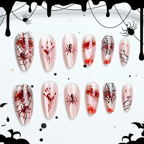Red Spider Web Ombré Cat Eye Halloween Almond Press-On Nails photo 2