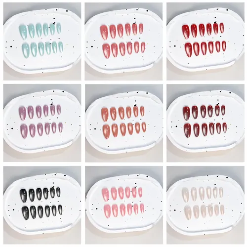 Glass-Bead Cat Eye Solid Color Almond Press-On Nails photo 2