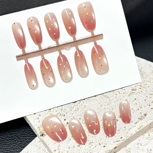 Peach Nude Starry Ombré Short Oval Press-On Nails photo 6
