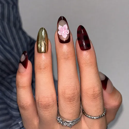 Wine Red Amber Gold Branch Almond Press-On Nails photo 2
