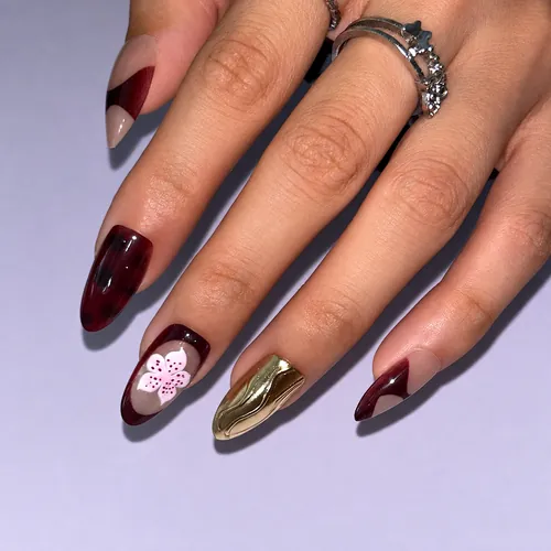 Wine Red Amber Gold Branch Almond Press-On Nails photo 3