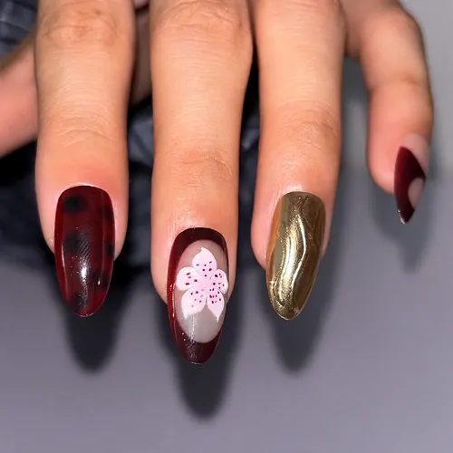 Wine Red Amber Gold Branch Almond Press-On Nails photo 4