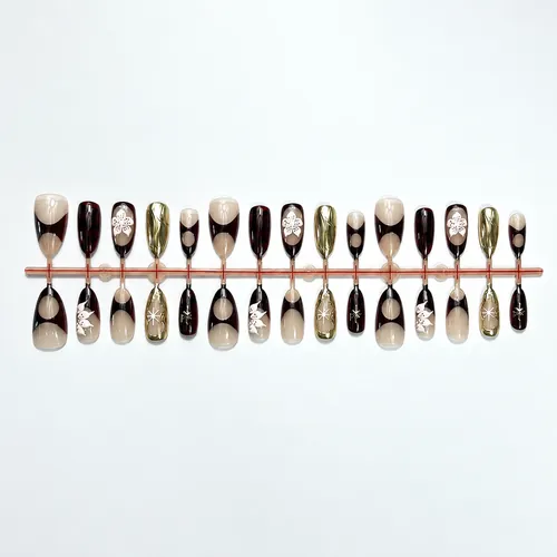 Wine Red Amber Gold Branch Almond Press-On Nails photo 5