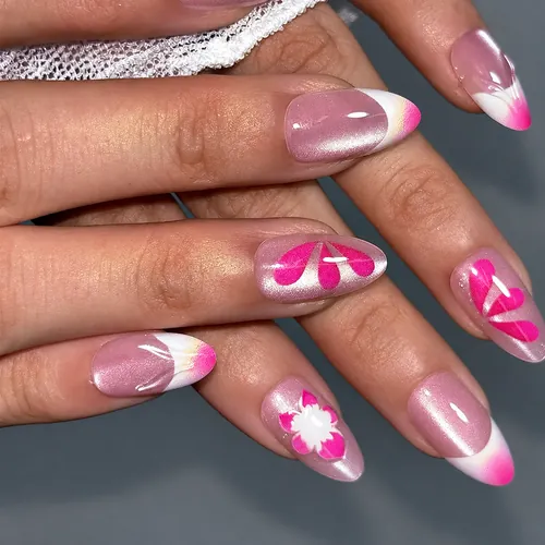 Magenta Flower and Blush Cat Eye Short Almond Press-On Nails photo 3