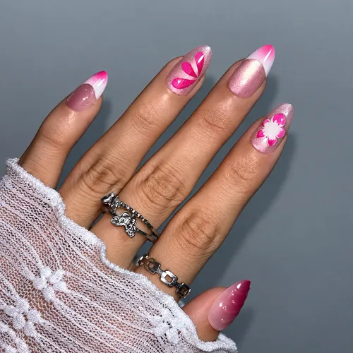 Magenta Flower and Blush Cat Eye Short Almond Press-On Nails photo 4