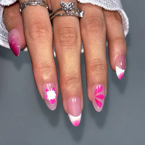 Magenta Flower and Blush Cat Eye Short Almond Press-On Nails photo 5