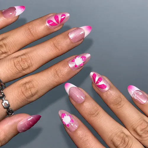 Magenta Flower and Blush Cat Eye Short Almond Press-On Nails photo 6