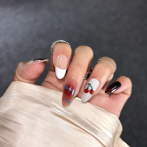 Spotted Cherry French Cat Eye Short Almond Press-On Nails photo 2