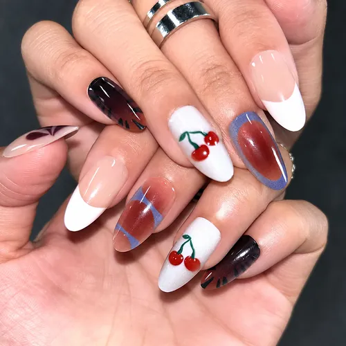 Spotted Cherry French Cat Eye Short Almond Press-On Nails photo 3