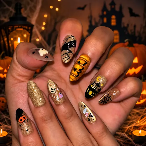 Trick-or-Treat Halloween Cat Eye Almond Press-On Nails photo 3