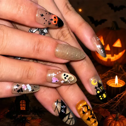 Trick-or-Treat Halloween Cat Eye Almond Press-On Nails photo 6