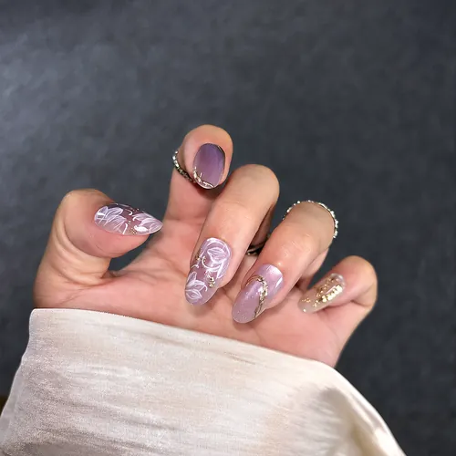 Lavender Jelly Gold Foil 3D Flower Short Oval Press-On Nails photo 2