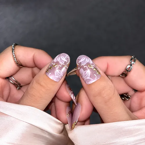 Lavender Jelly Gold Foil 3D Flower Short Oval Press-On Nails photo 4