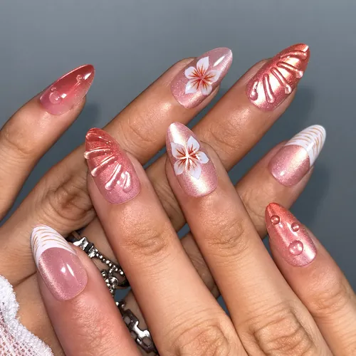 Coral Flower Shell-Texture French Cat Eye Press-On Nails photo 5