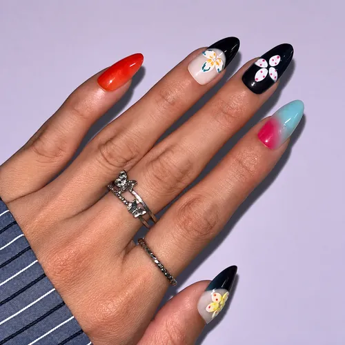 Neon Flower Two-Tone Ombré Almond Press-On Nails photo 2