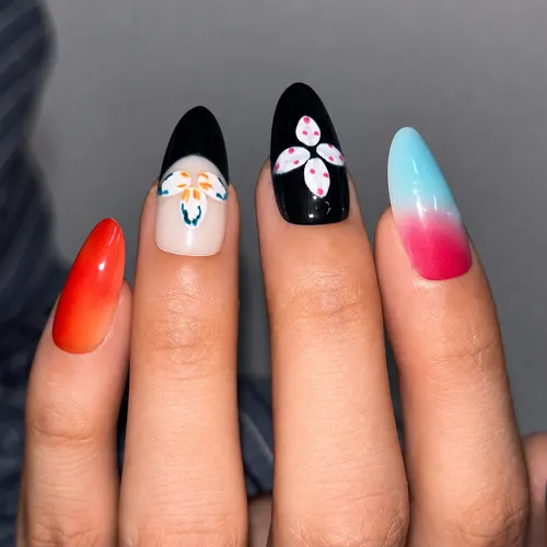 Neon Flower Two-Tone Ombré Almond Press-On Nails photo 3