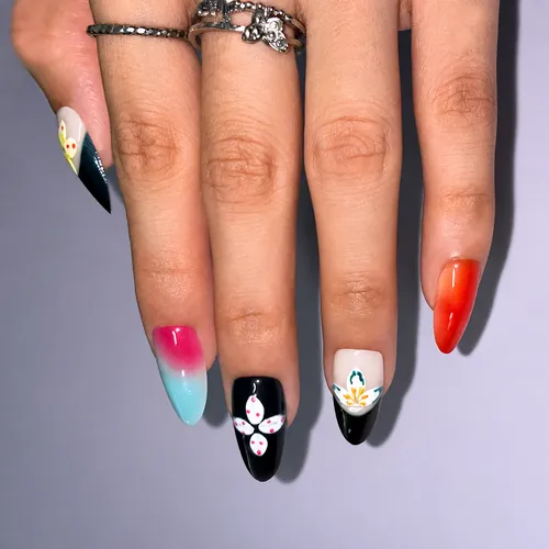 Neon Flower Two-Tone Ombré Almond Press-On Nails photo 4