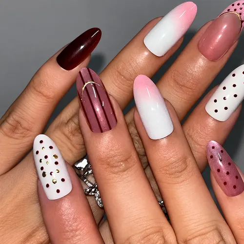 Soft Polka Dot and Stripe Ombré Cat Eye Almond Press-On Nails photo 3