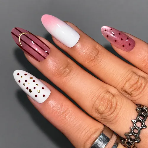 Soft Polka Dot and Stripe Ombré Cat Eye Almond Press-On Nails photo 5