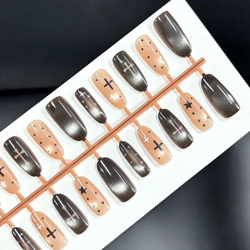Pink and Black Cross Cat Eye Oval Press-On Nails photo 5