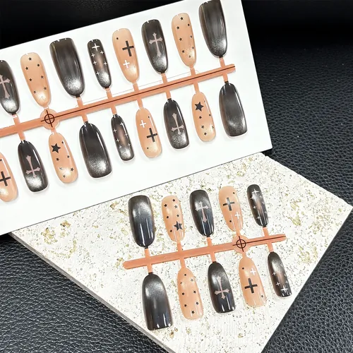 Pink and Black Cross Cat Eye Oval Press-On Nails photo 6