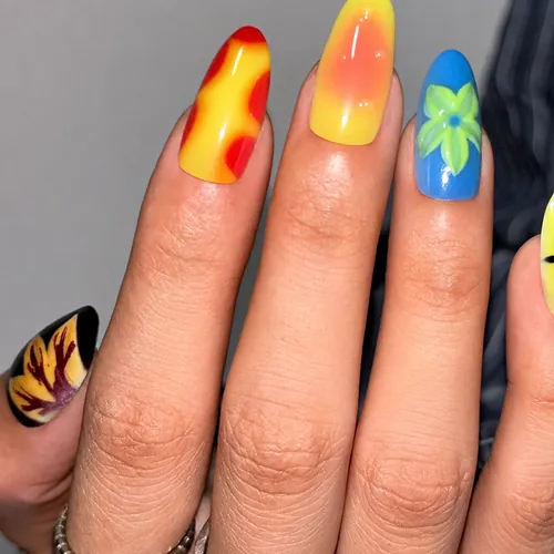 Oil-Painting Yellow and Blue Flower Ombré Almond Press-On Nails photo 4