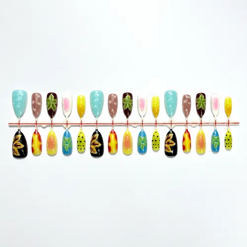 Oil-Painting Yellow and Blue Flower Ombré Almond Press-On Nails photo 5